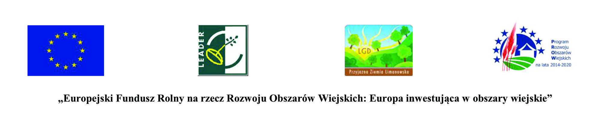 Logotypy Unii europejskiej, LEADER, LGD Limanowa oraz Programu Rozwoju Obszarów Wiejskich