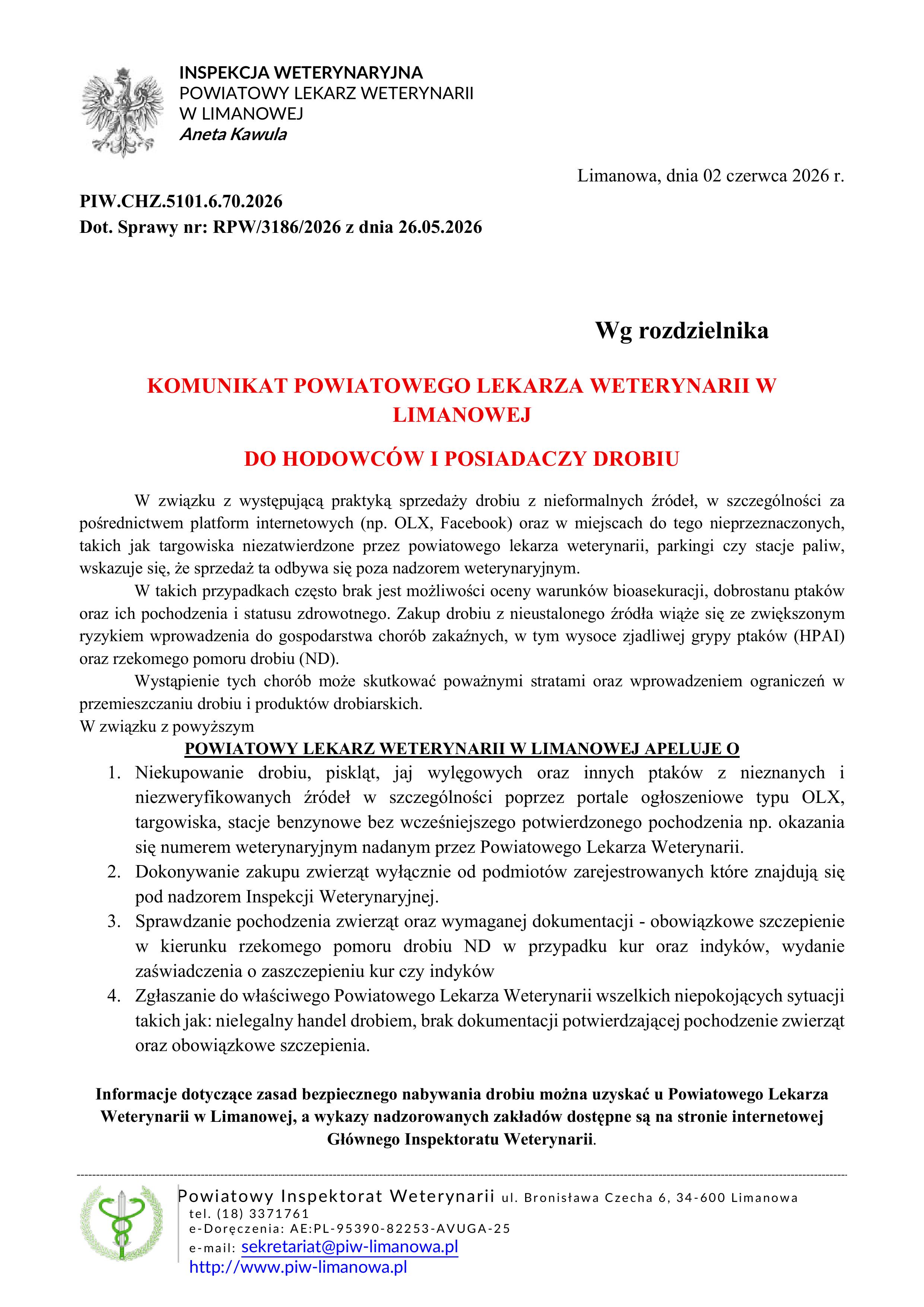komunikat PLW w sprawie nielegalnego handlu drobiem