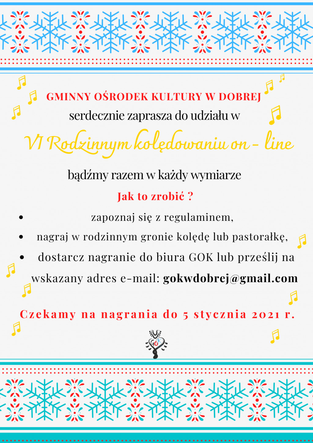 GMINNY OŚRODEK KULTURY ZAPRASZA DO UDZIAŁU W VI RODZINNYM KOLĘDOWANIU ON-LINE