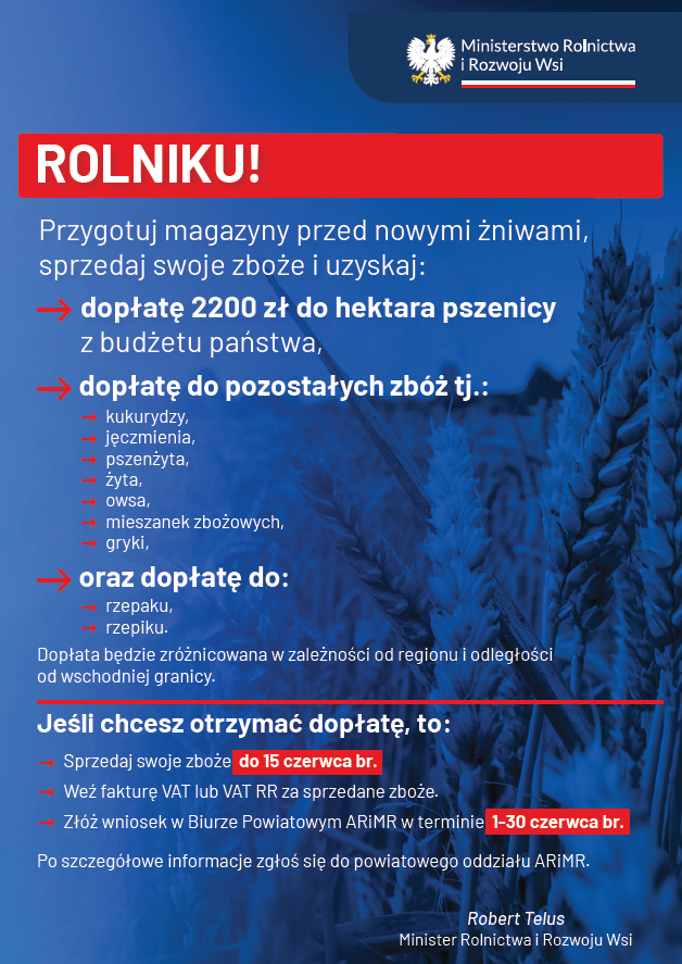 Informacja dla rolników dotycząca dopłat do zbóż oraz rzepaku i rzepiku